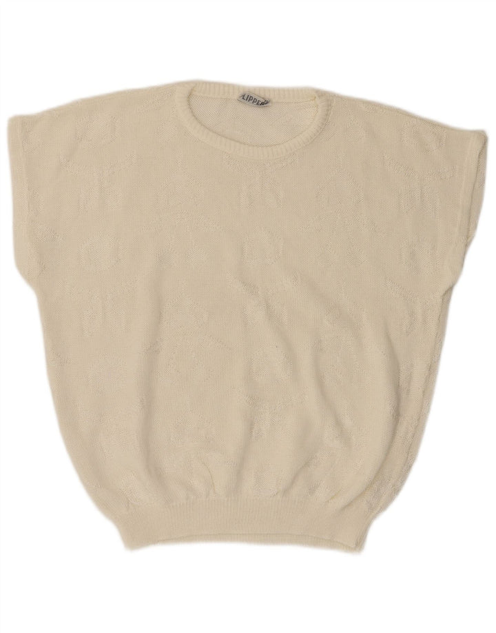 VINTAGE Pull surdimensionné à col rond pour femme UK 14 Medium Off White