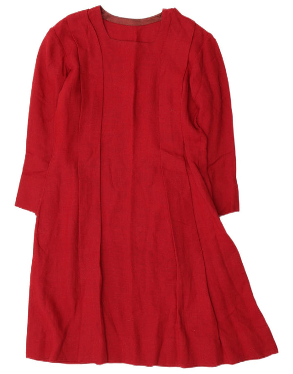 vintage Femmes 3/4 Manches A-Line Robe UK 10 Petit Rouge