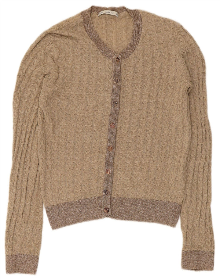 Zara Femmes Crop Cardigan Pull UK 8 Petit Beige Polyester