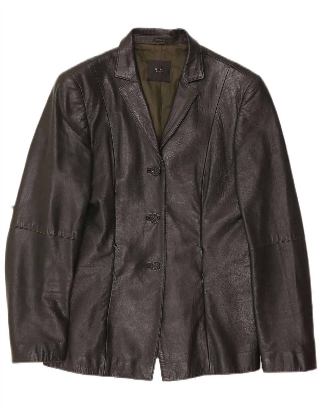 Oui Veste blazer en cuir à 3 boutons pour femme UK 10 Petit cuir kaki