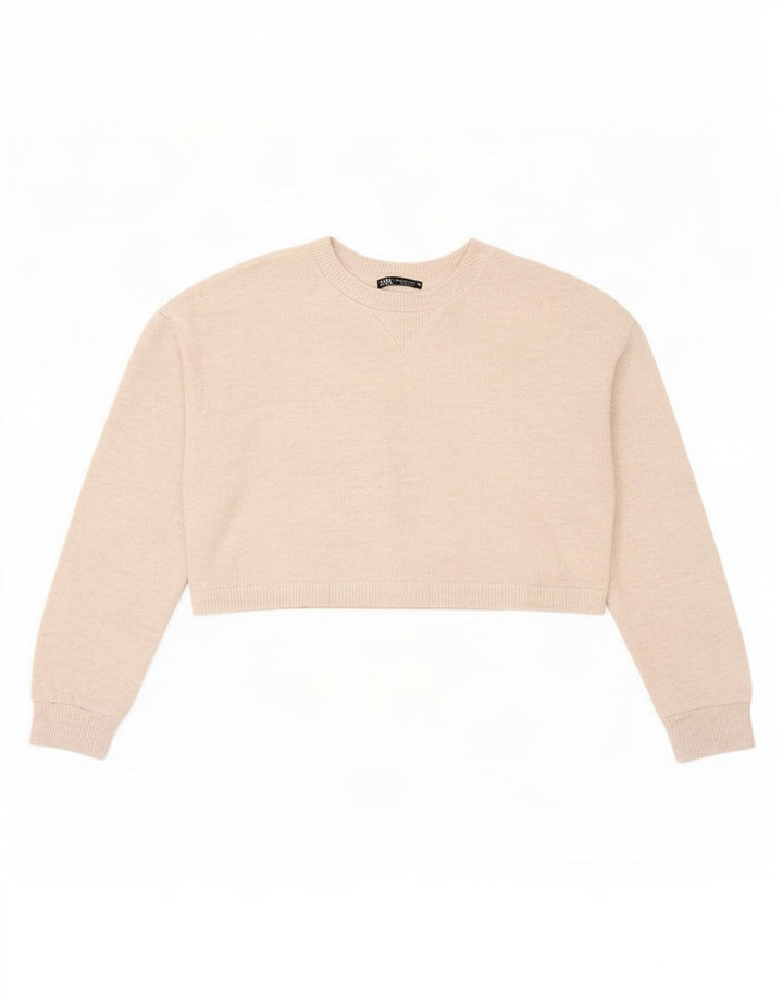 Zara Femme Crop Top Oversize Manches Longues UK 10 Petit Beige Polyester