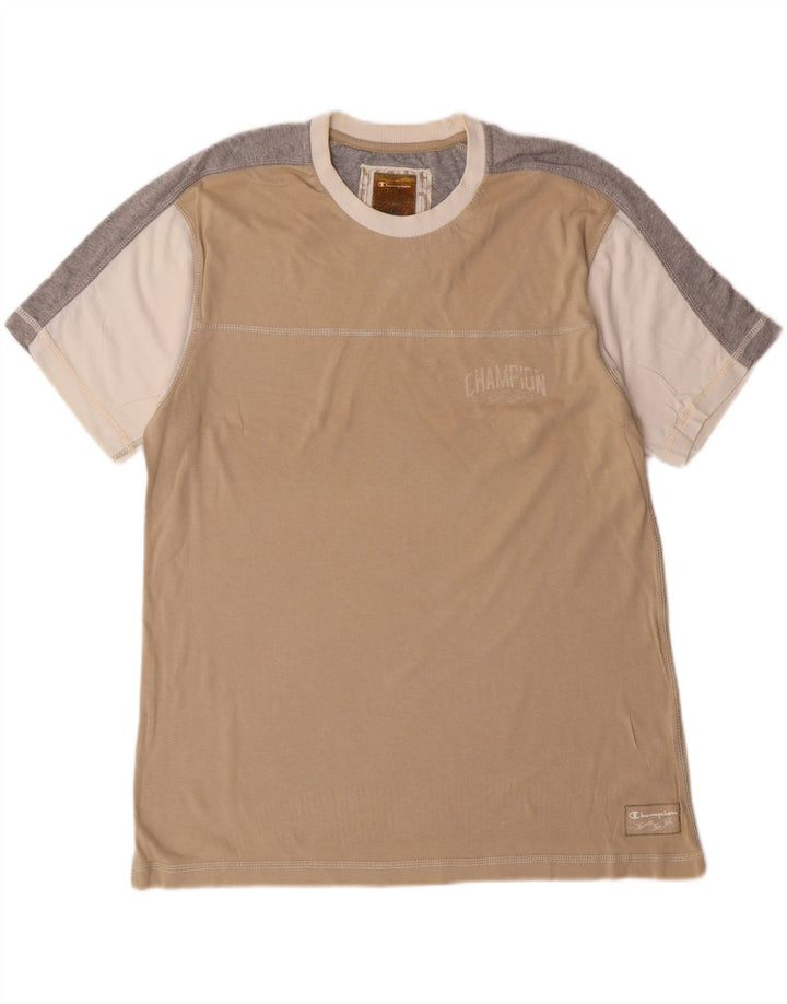 Champion T-Shirt Graphique Homme Large Beige Colourblock