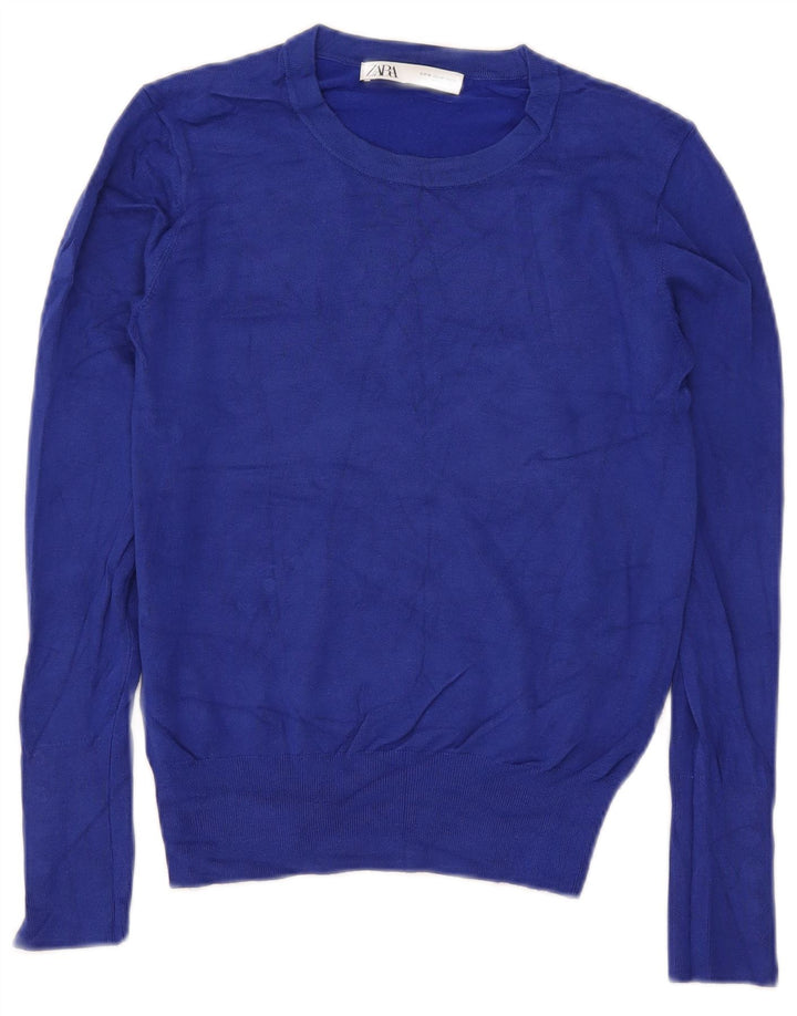 Zara Pull court à col rond pour femme UK 12 Bleu moyen