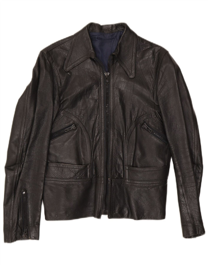 VINTAGE Veste en cuir femme UK 8 Petit Noir