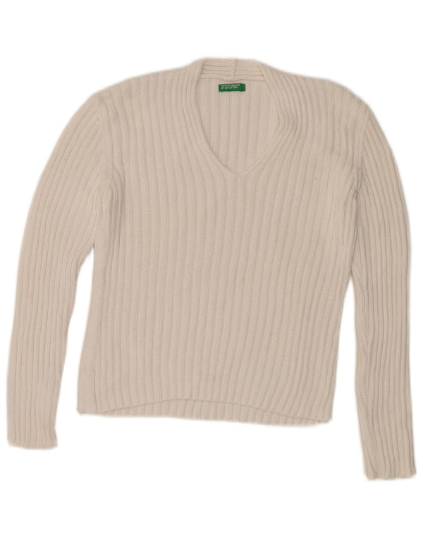 Benetton Pull col en V pour femme UK 10 Petit coton blanc