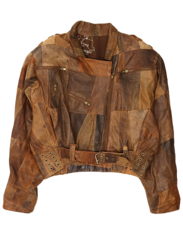 Veste en cuir Bomber femme vintage UK 16 Grand Patchwork Marron