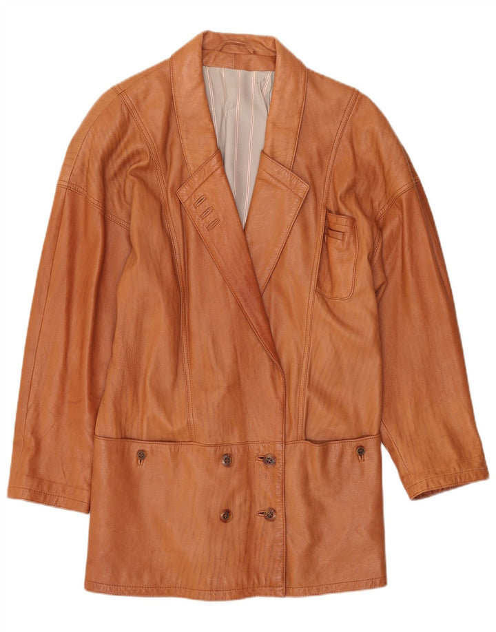 vintage Femmes Double Breasted Manteau en cuir UK 14 Grand Brun