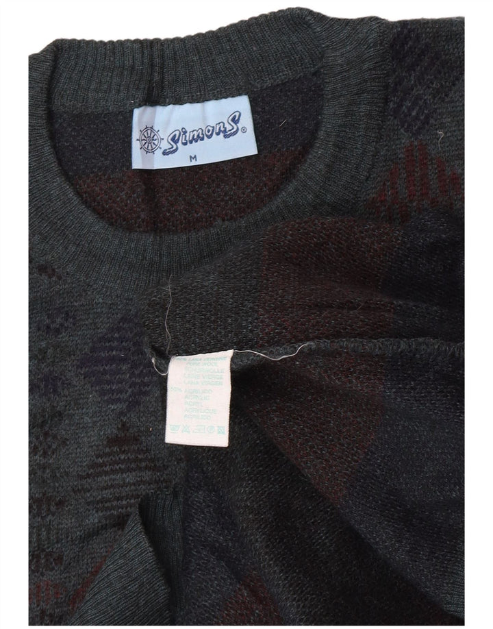 vintage Mens Crew Neck Jumper Pull Moyen Bleu Géométrique Vierge Laine