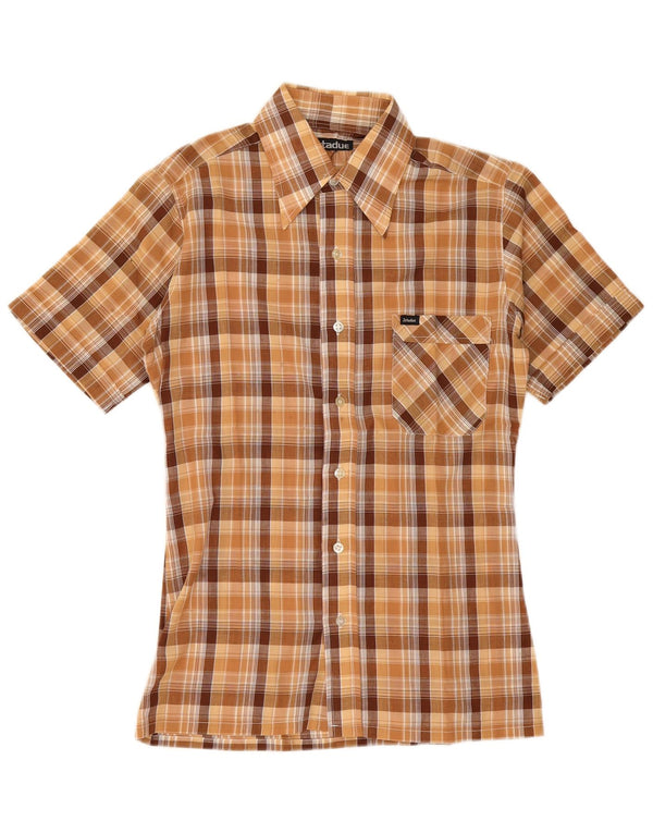 chemise à manches courtes vintage pour hommes petit polyester à carreaux marron