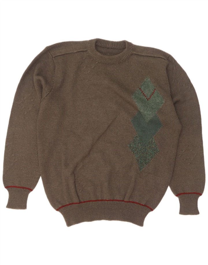 vintage Mens Crew Neck Jumper Pull Grand Kaki Argyle/Diamant