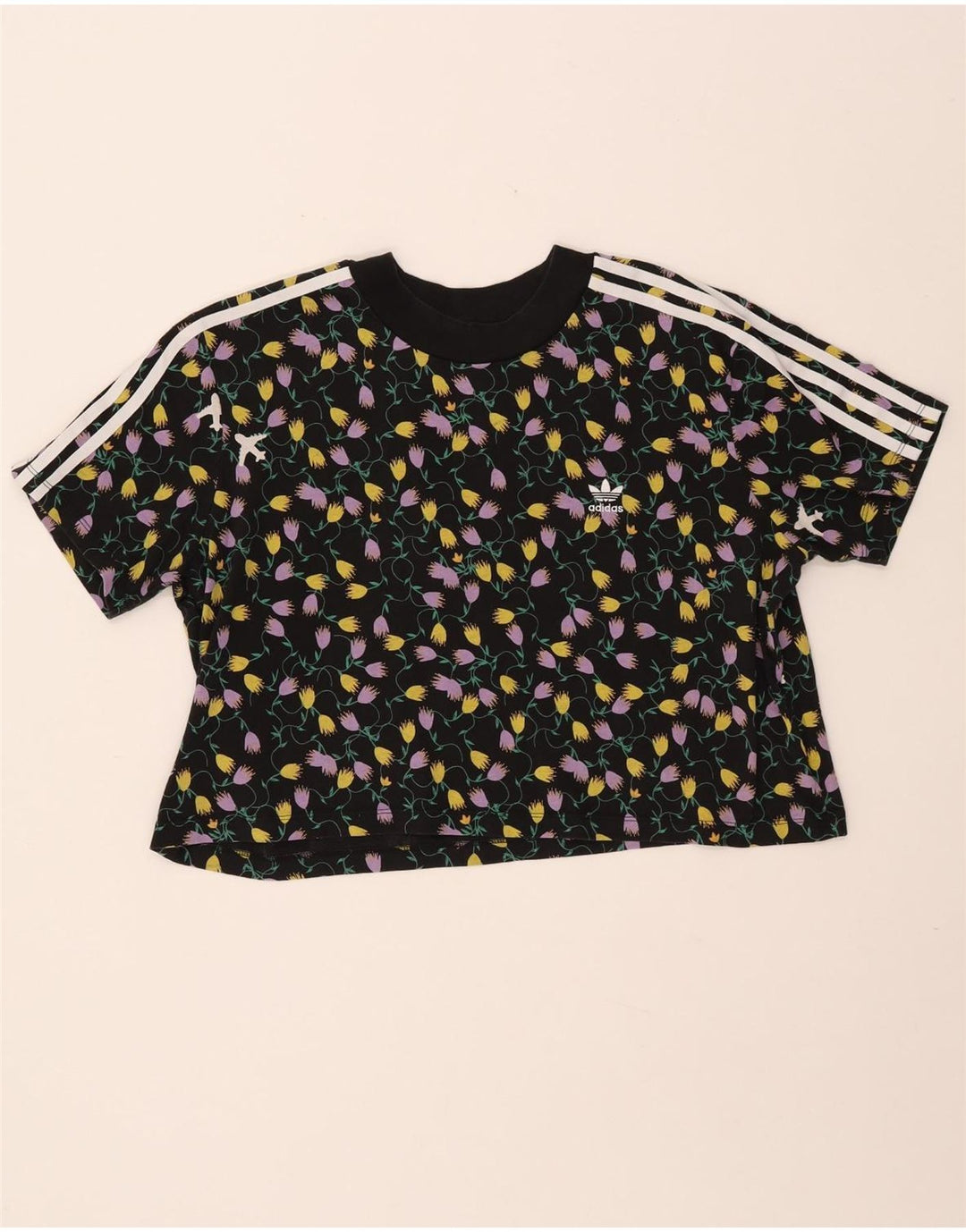 ADIDAS Femmes Crop Graphic T-Shirt Top UK 18 XL Noir Floral Coton