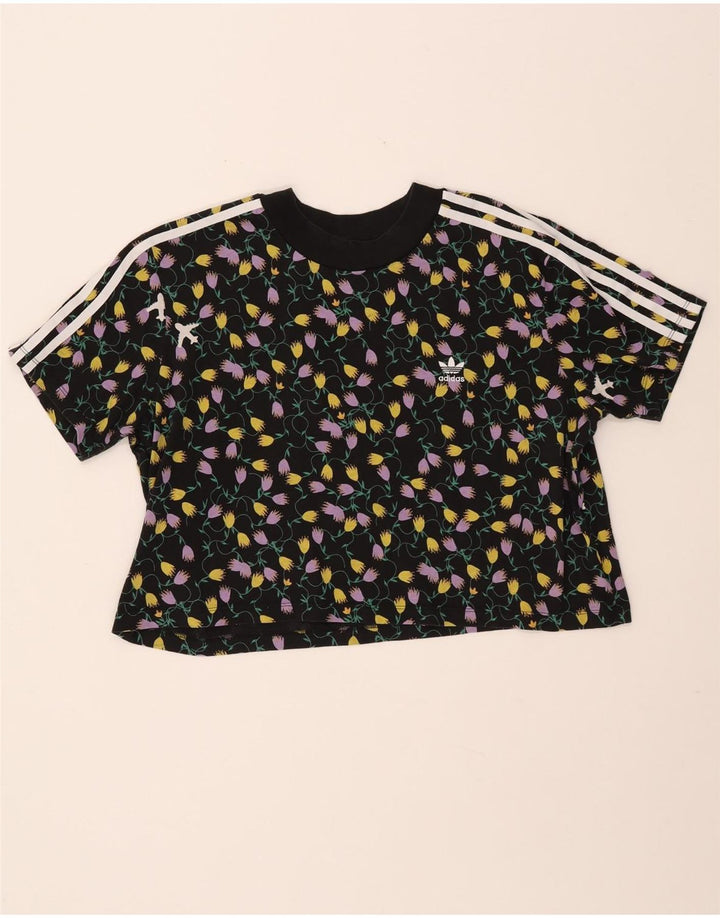 ADIDAS Femmes Crop Graphic T-Shirt Top UK 18 XL Noir Floral Coton