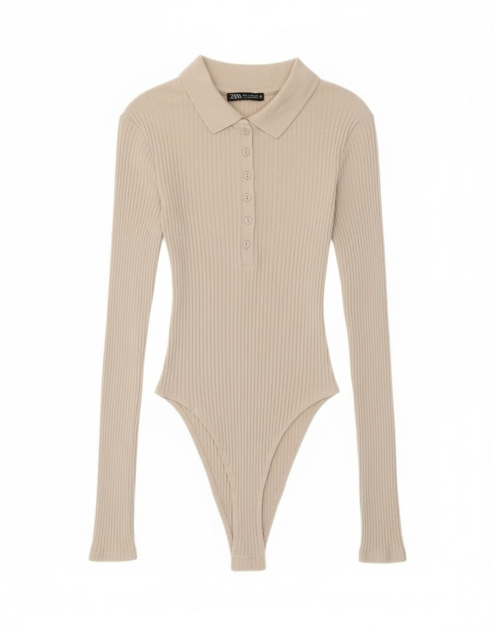 Zara Body à manches longues pour femme UK 8 petit coton beige