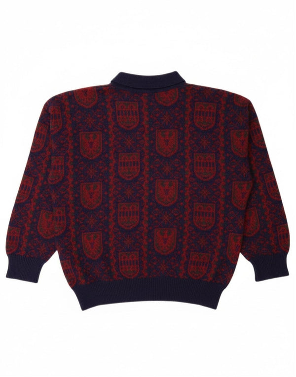 vintage Mens Polo Neck Jumper Pull Petit Bleu Marine Fair Isle