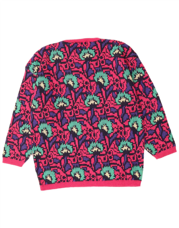VINTAGE Femmes Motif Abstrait Ras du Cou Pull Pull UK 16 Grand Rose
