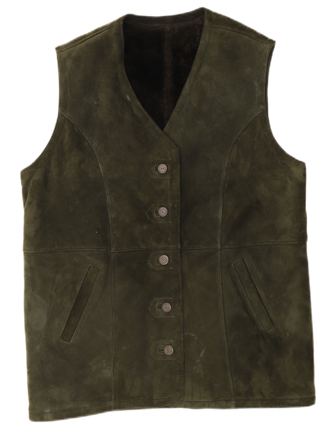 vintage Femme Daim Gilet UK 14 Grand Kaki