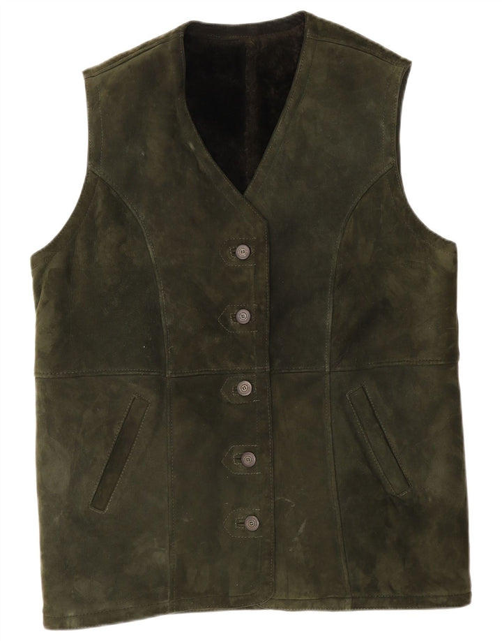 vintage Femme Daim Gilet UK 14 Grand Kaki