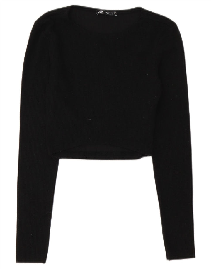 Zara Femmes Crop Top Manches Longues UK 8 Petit Noir Polyester