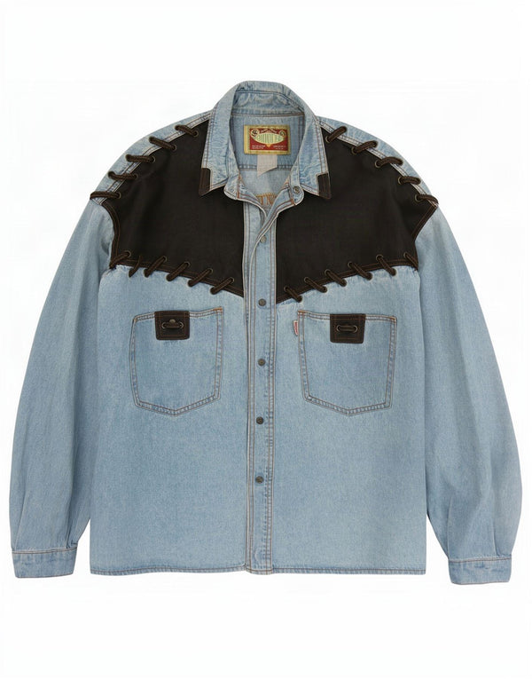 Chemise en jean vintage pour homme grand colorblock bleu