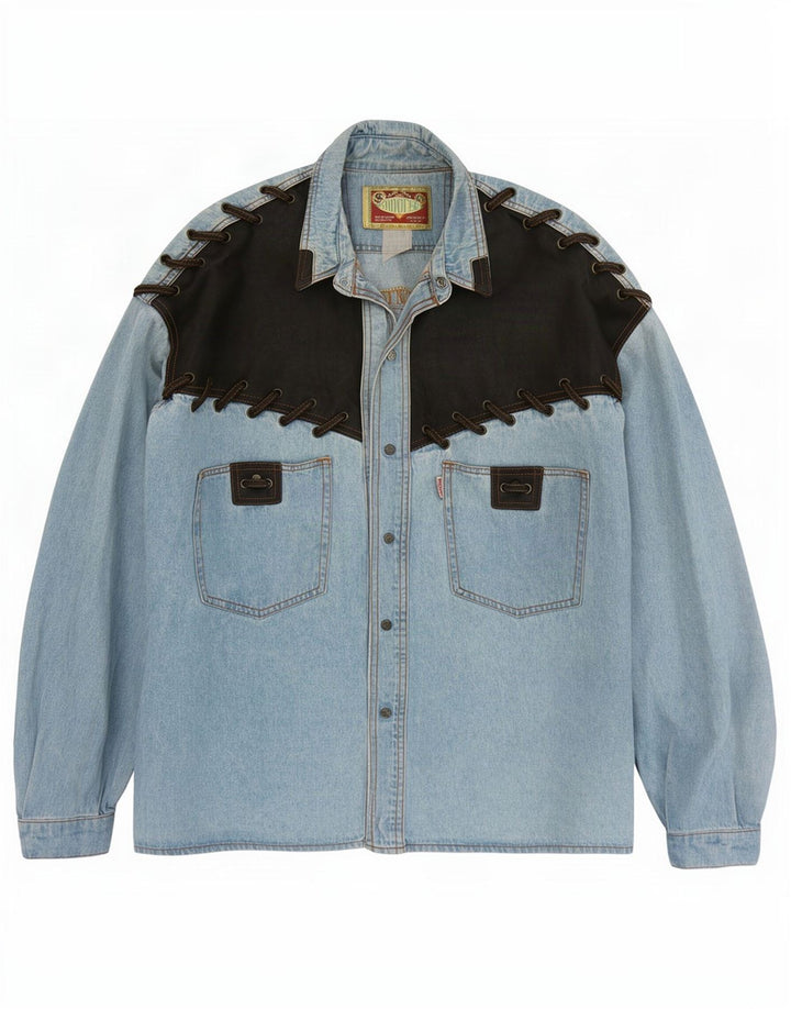 Chemise en jean vintage pour homme grand colorblock bleu