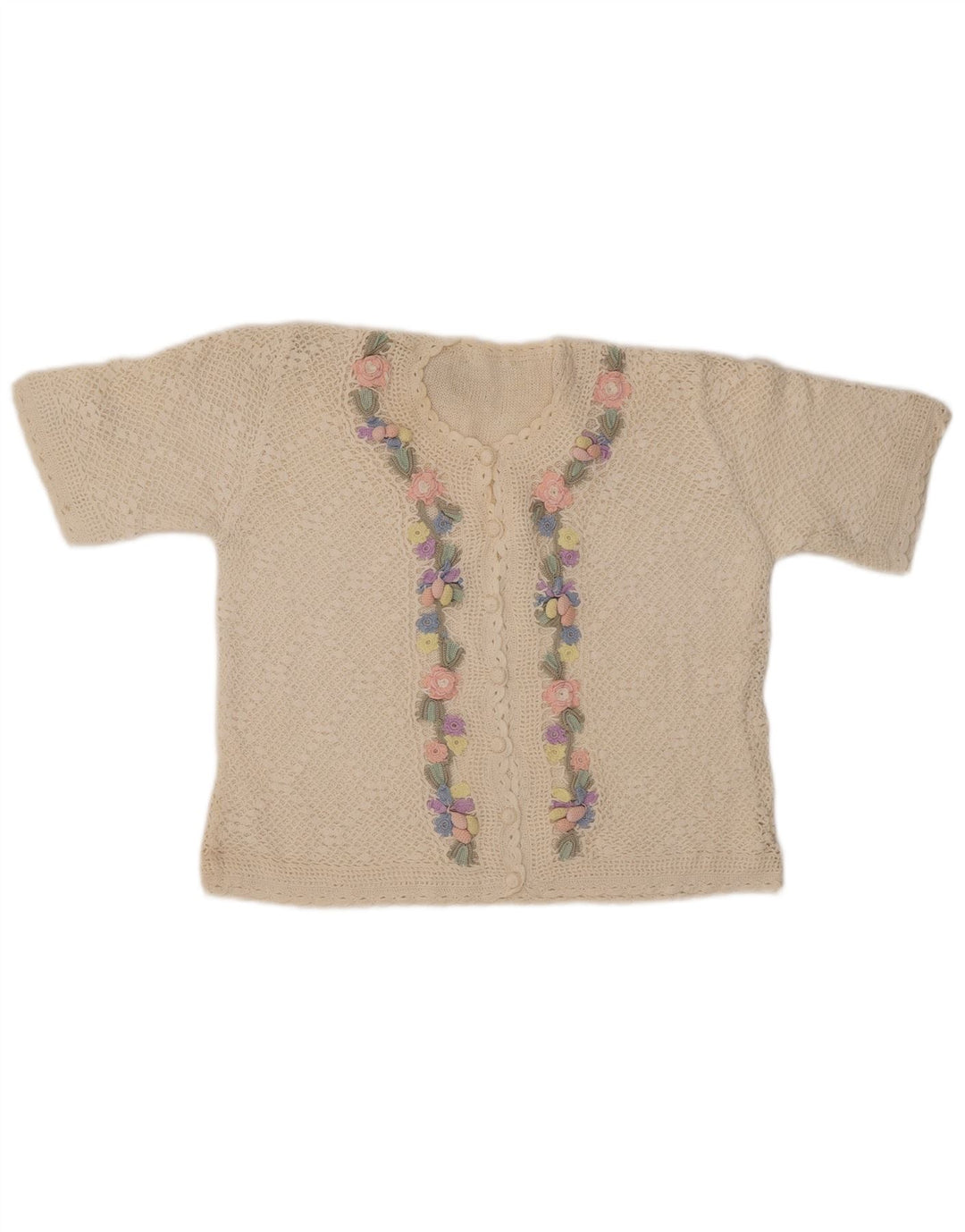 VINTAGE Femmes Manches Courtes Cardigan Pull UK 14 Moyen Off White Floral