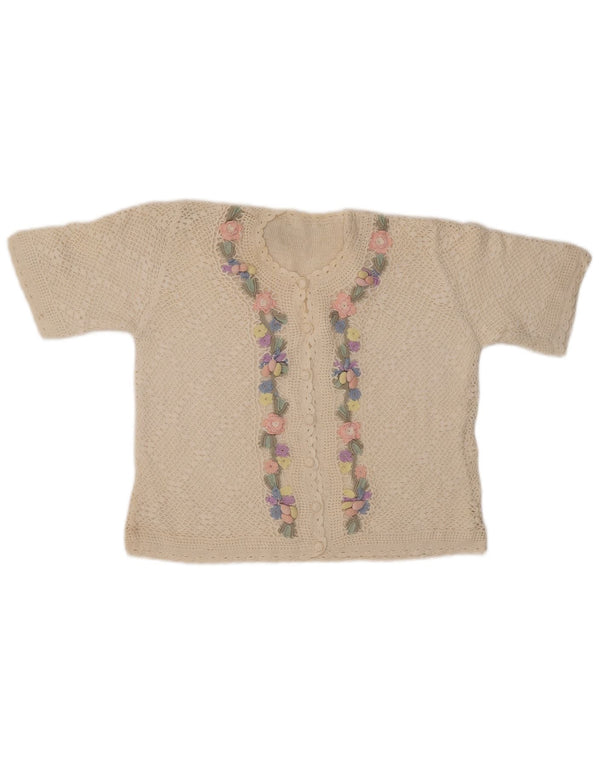 VINTAGE Femmes Manches Courtes Cardigan Pull UK 14 Moyen Off White Floral