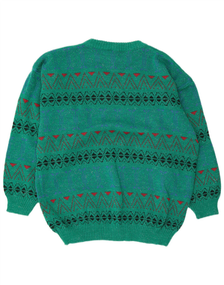 vintage Mens Crew Neck Jumper Pull Moyen Vert Géométrique Acrylique