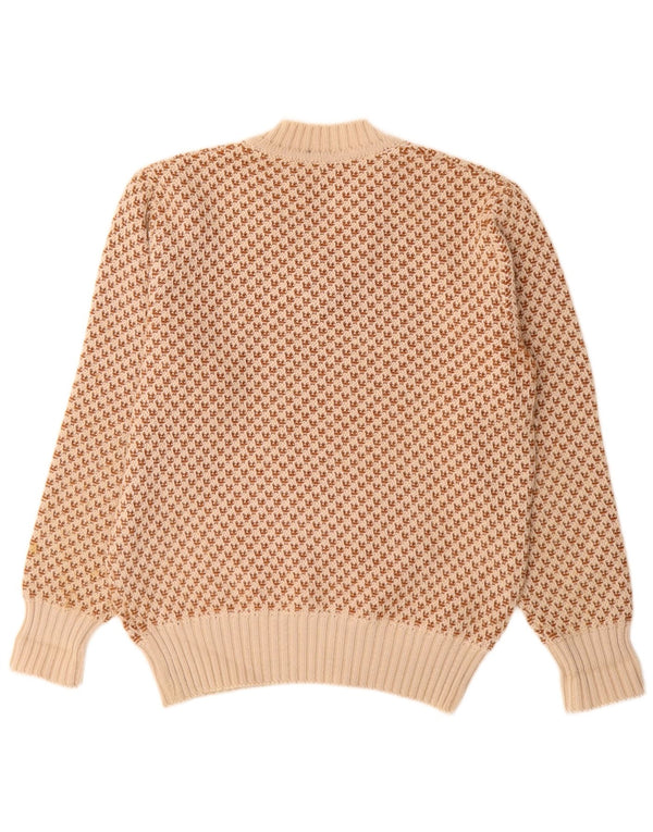 vintage Mens V-Col Jumper Pull UK 40 Moyen Beige Géométrique Nouvelle Laine