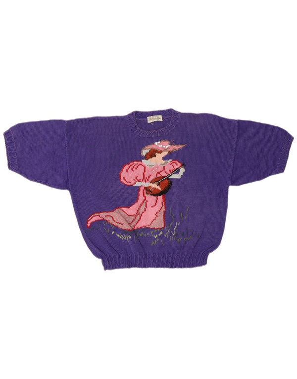vintage Womens Crop Crew Neck Jumper Pull UK 12 Moyen Violet Rétro