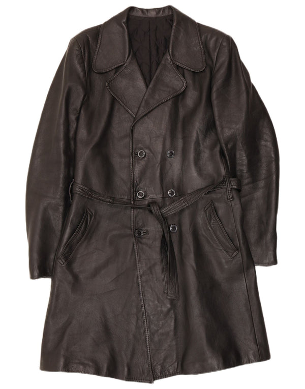 vintage Mens Double Breasted Leather Coat UK 38 Moyen Noir