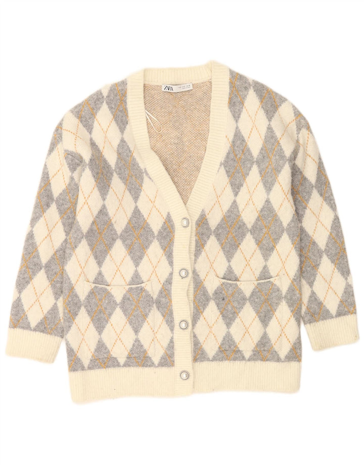 Zara Cardigan surdimensionné pour femme UK 10 Petit blanc cassé Argyle/Diamant