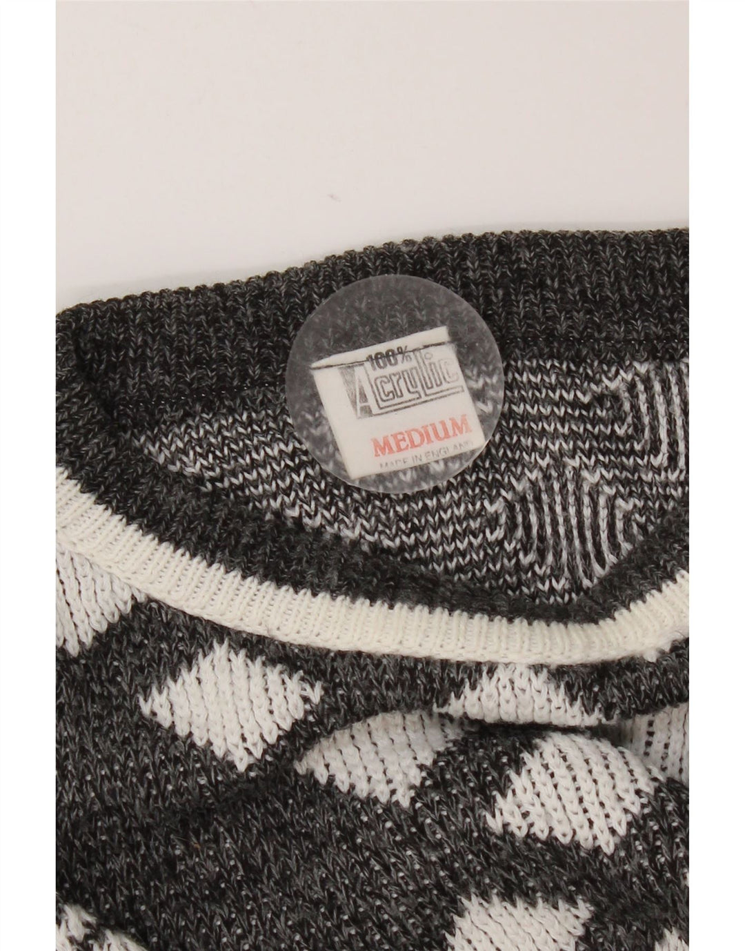 vintage Womens Crew Neck Jumper Pull UK 14 Moyen Gris Géométrique