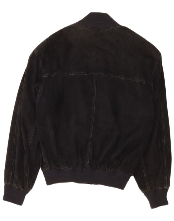vintage Mens Suede Bomber Jacket IT 48 Cuir Noir Moyen