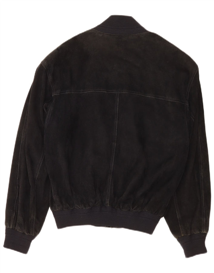 vintage Mens Suede Bomber Jacket IT 48 Cuir Noir Moyen