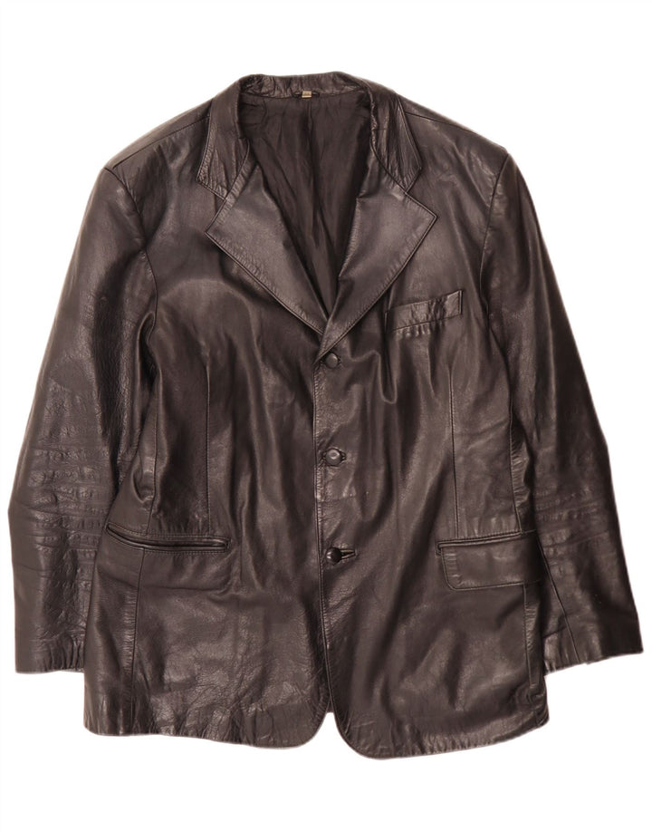 vintage Homme 3 Boutons Veste Blazer En Cuir IT 54 XL Noir
