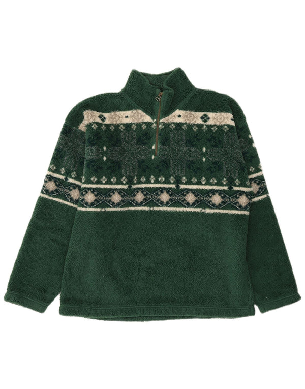 vintage Mens Zip Neck Fleece Jumper Grand Vert Fair Isle