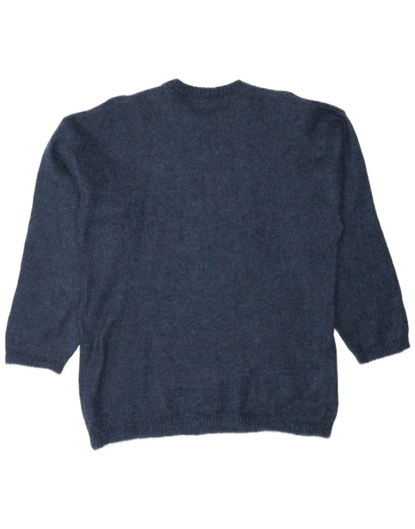 vintage Womens Graphic Crew Neck Jumper Pull UK 14 Bleu Marine Moyen