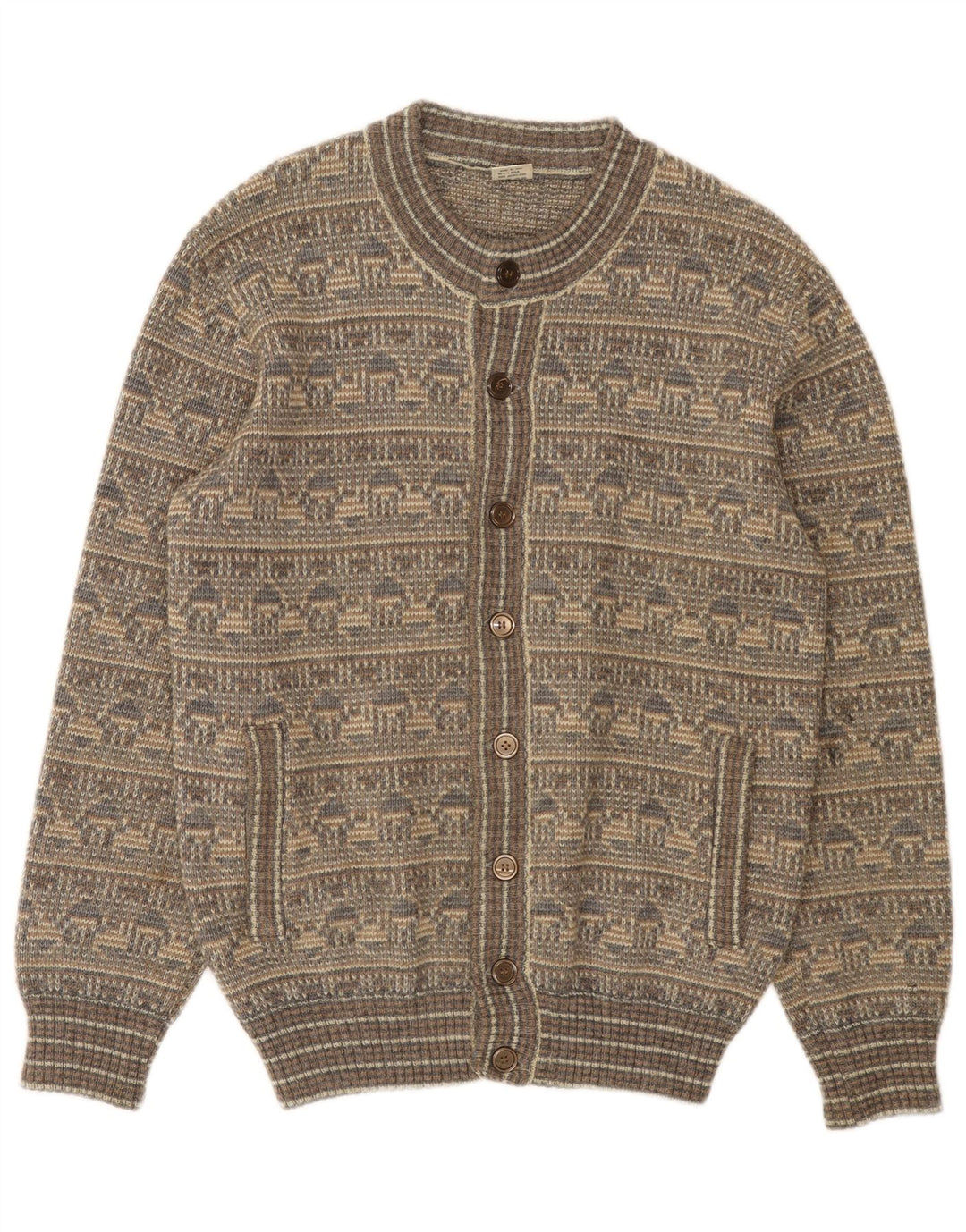 vintage Mens Cardigan Pull Moyen Gris Fair Isle Laine