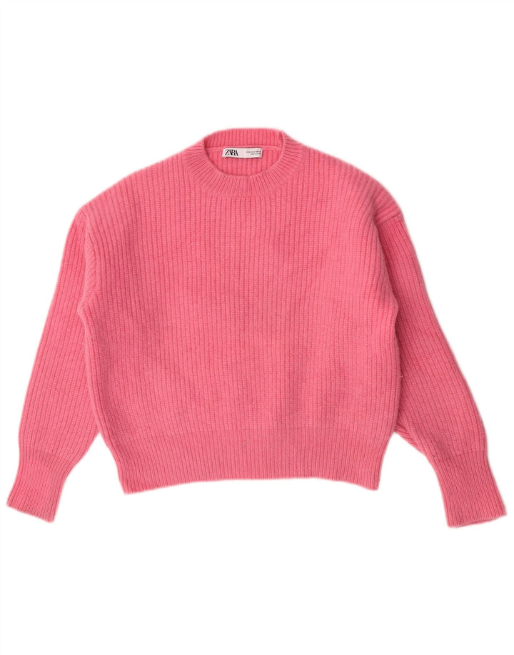 Zara Pull court à col rond pour femme UK 14 en laine rose moyen