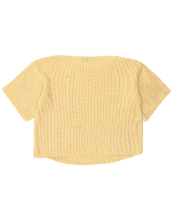 vintage Womens Crop Boat Neck Jumper Pull UK 14 Jaune Moyen