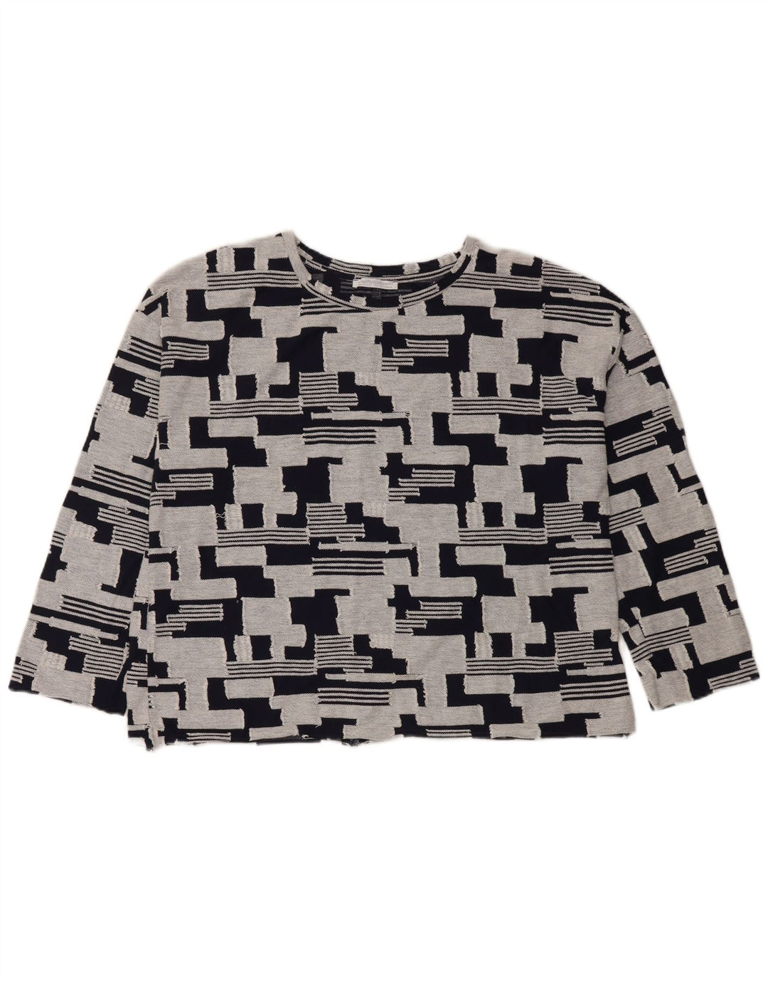 Zara Femme Top Manches 3/4 UK 14 Moyen Bleu Marine Géométrique Coton