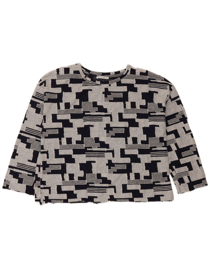Zara Femme Top Manches 3/4 UK 14 Moyen Bleu Marine Géométrique Coton