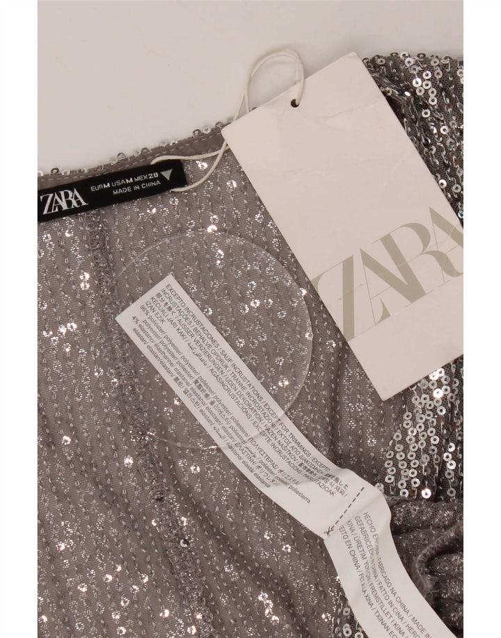 Zara Femme Chemisier Top UK 12 Moyen Argent Polyester