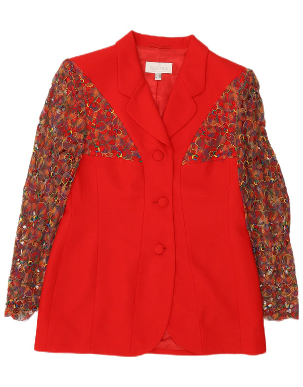 Prestige Veste Blazer 3 Boutons Femme UK 14 Laine Vierge Florale Rouge Moyen