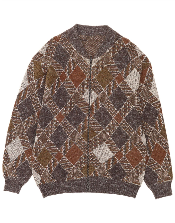 vintage Mens Full Zip Cardigan Pull Moyen Multicolore Argyle/Diamant