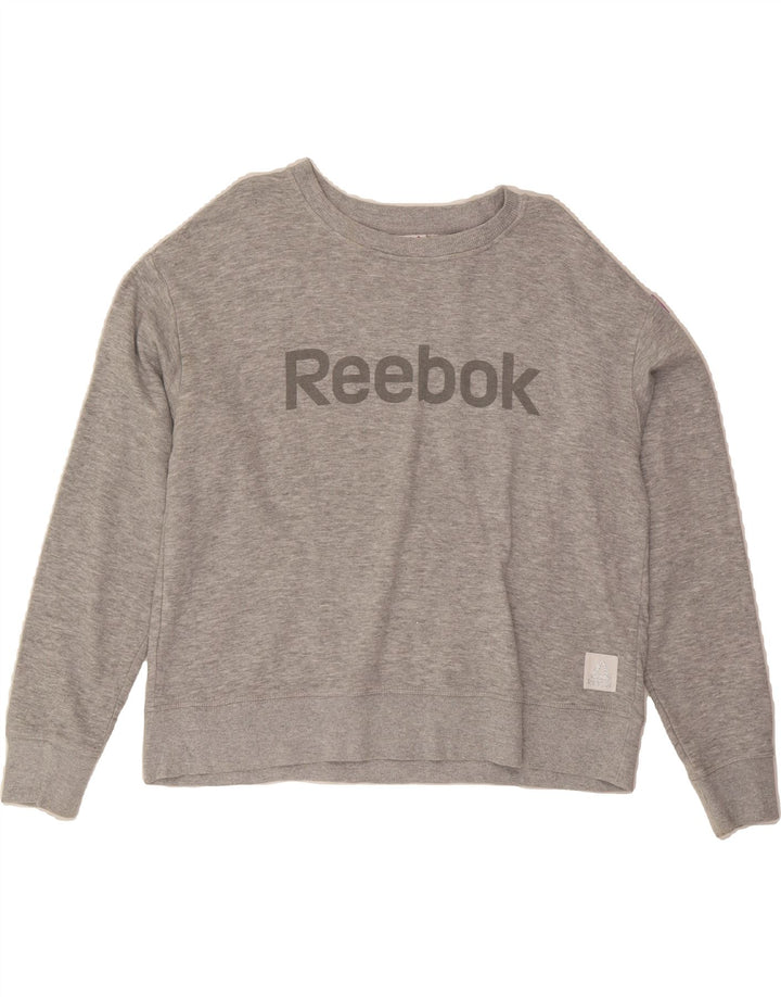 REEBOK Womens Graphic Sweatshirt Jumper UK 16 Large Grey Vintage Reebok and Second-Hand Reebok from Messina Hembry 