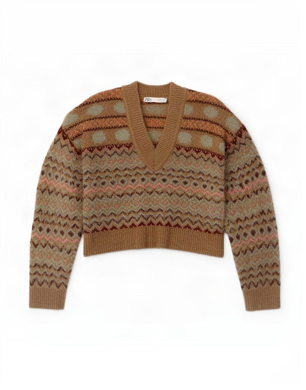 Zara Pull court à col en V pour femme UK 14 Beige moyen Fair Isle