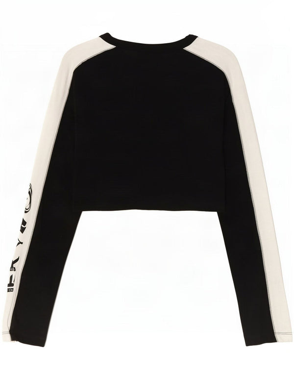 Adidas Femmes Crop Graphic Top Manches Longues UK 6 XS Noir Colorblock Coton