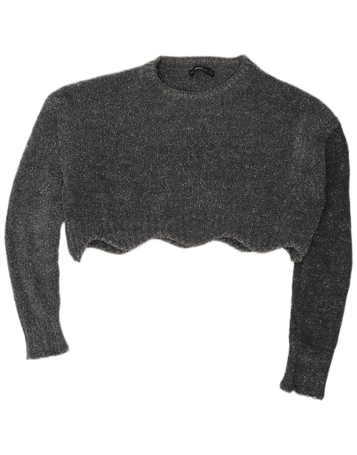 Zara Pull court surdimensionné à col rond pour femme UK 10 Petit Gris