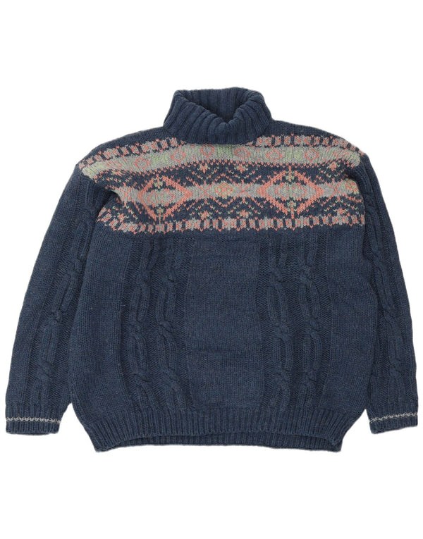 vintage Mens Roll Neck Jumper Pull 2XL Bleu Marine Fair Isle